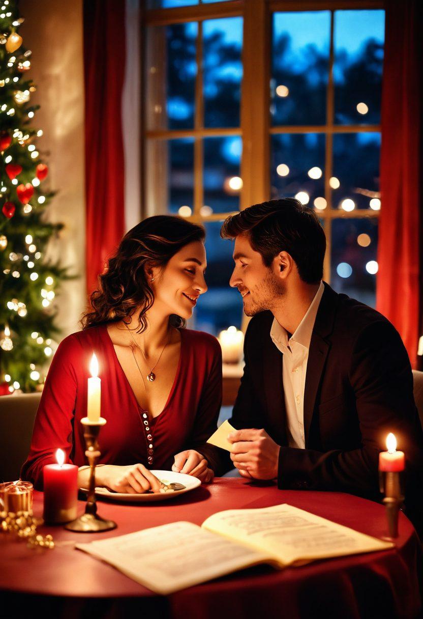 A warm, inviting scene of two people sharing a heartfelt conversation over a candle-lit dinner, with rich tones of red and gold to symbolize love. Surround them with handwritten notes filled with adjectives and descriptors hovering around, visually representing emotions. Include soft bokeh lights in the background for a dreamy effect. Illustrate a cozy atmosphere with plush textures and gentle lighting. super-realistic. vibrant colors.