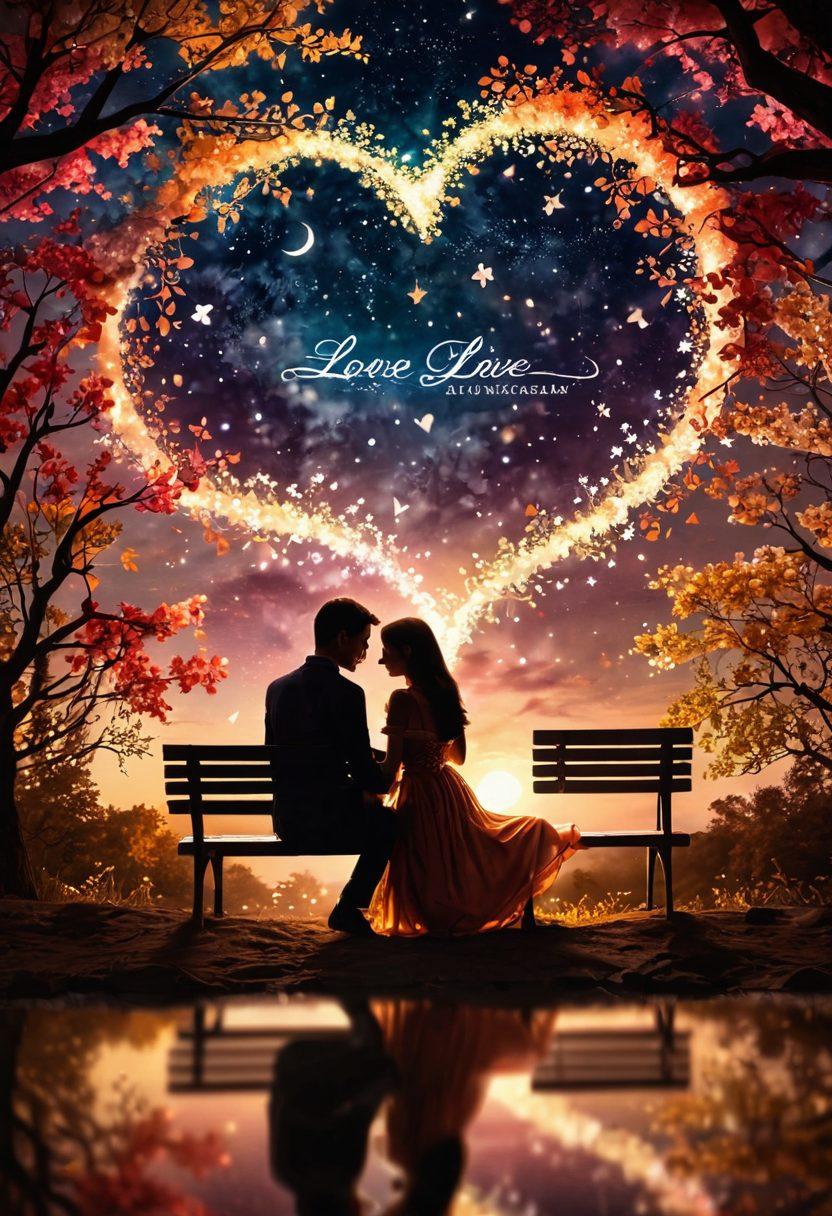An enchanting scene of two lovers seated beneath a starlit sky, surrounded by beautifully illuminated words and phrases of love swirling around them, evoking intimacy and passion. The atmosphere is filled with soft, warm colors, floral accents, and dreamy bokeh effects to convey a romantic ambiance. Illustrate the essence of descriptive language visually through flowing scripts and blossoming hearts. vibrant colors. dreamy atmosphere. 3D.